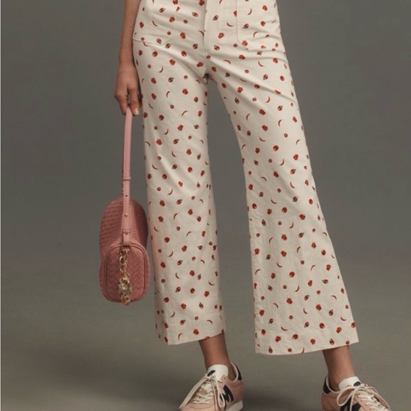 Maeve Pants - Maeve Cream Cropped Wide-Leg Pants with Red pepper print.
